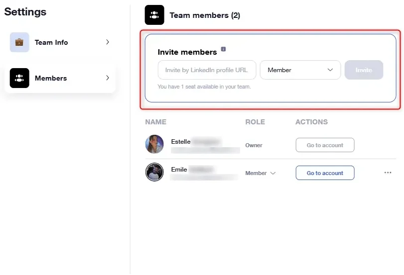 Team members settings Waalaxy