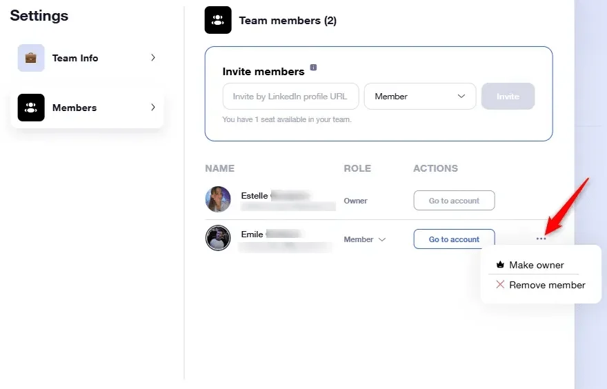 Page de gestion des membres d'une équipe, menu pour promouvoir un membre en propriétaire ou le retirer.