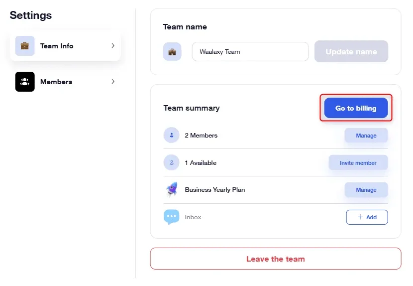 Page de gestion d'équipe avec bouton "Go to billing" en bleu.