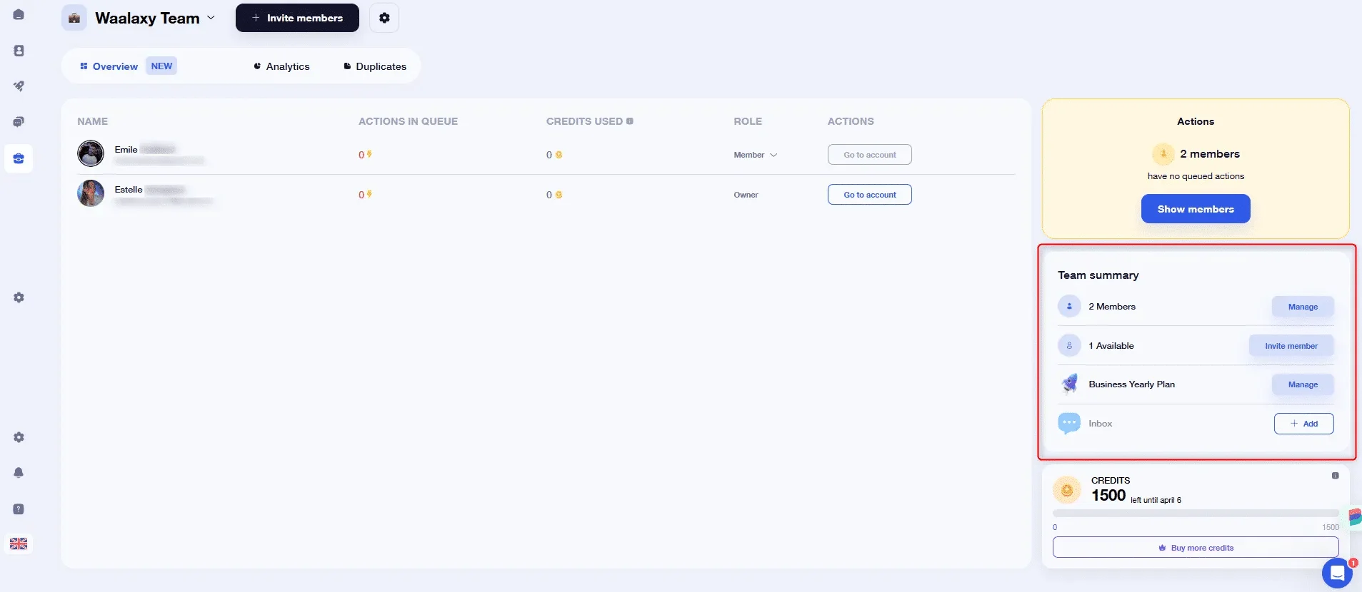 Waalaxy team members overview management
