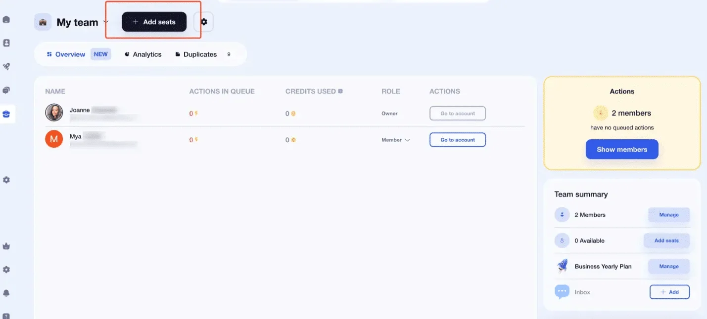 Interface de gestion d'équipe Waalaxy