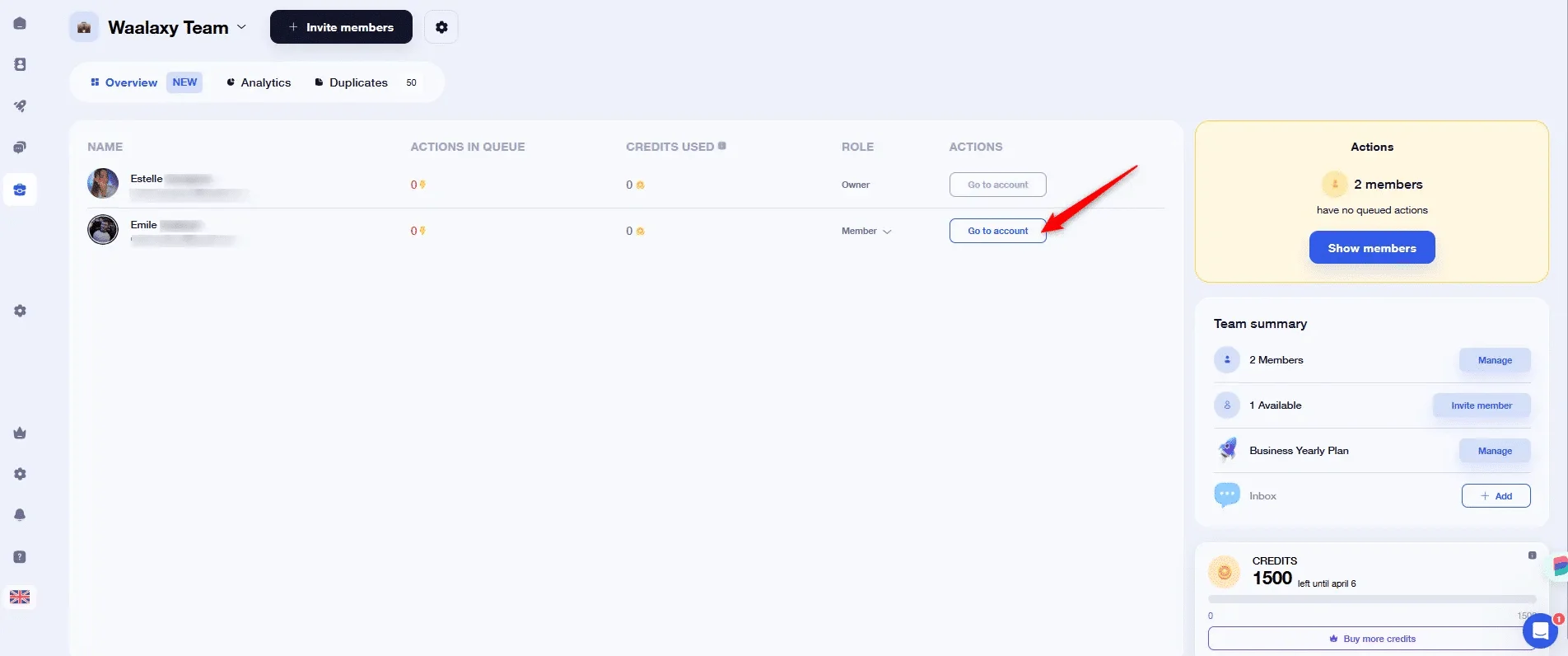 Waalaxy team overview members management