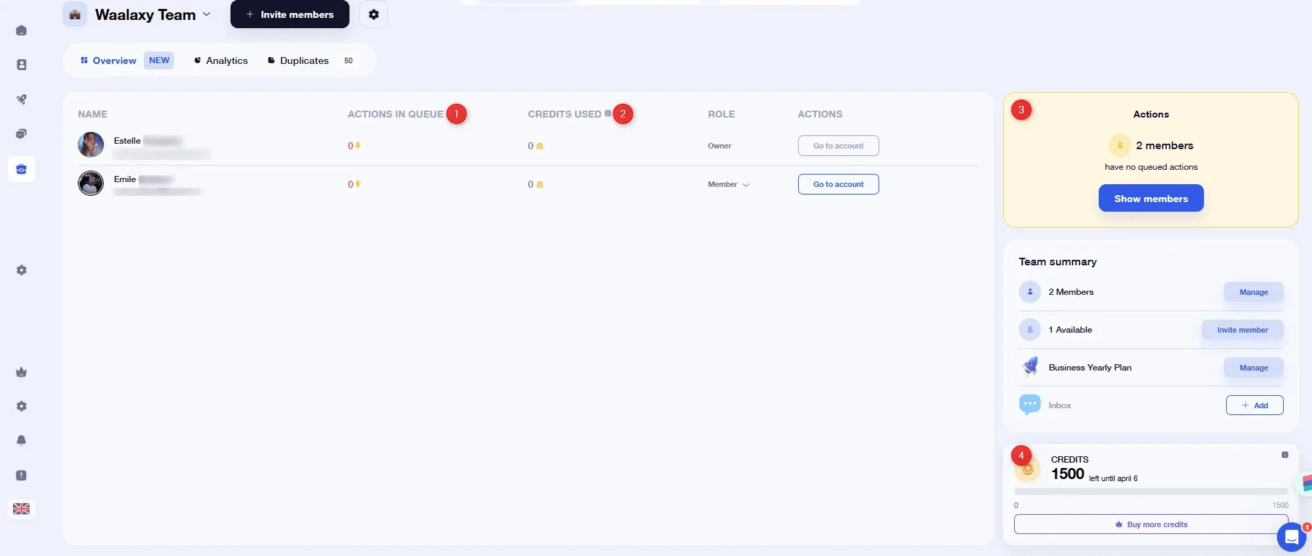 Waalaxy team overview members management
