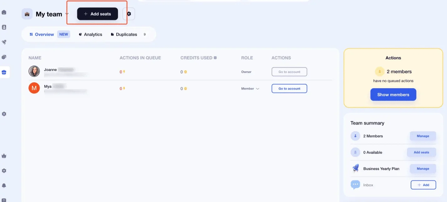 Interface de gestion d'équipe Waalaxy