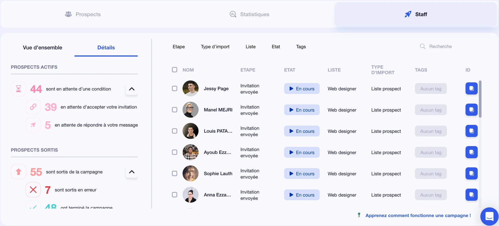 Tableau de bord d'administration des prospects avec liste de contacts et statistiques.