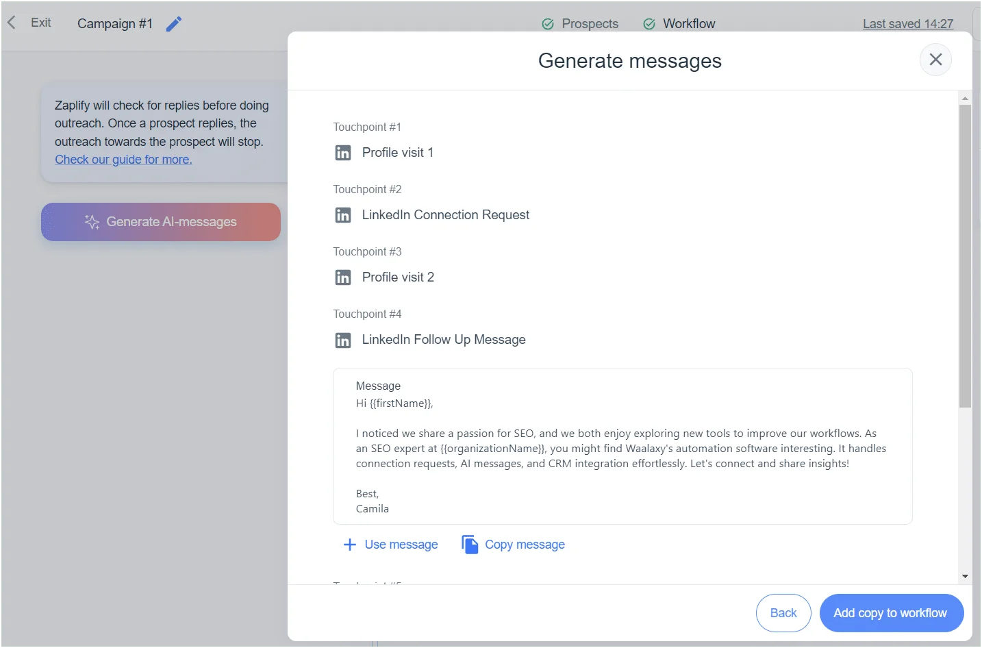 Générer messages campagne LinkedIn Waalaxy