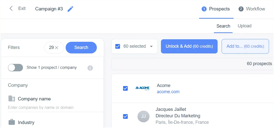 Interface prospection sélection prospects