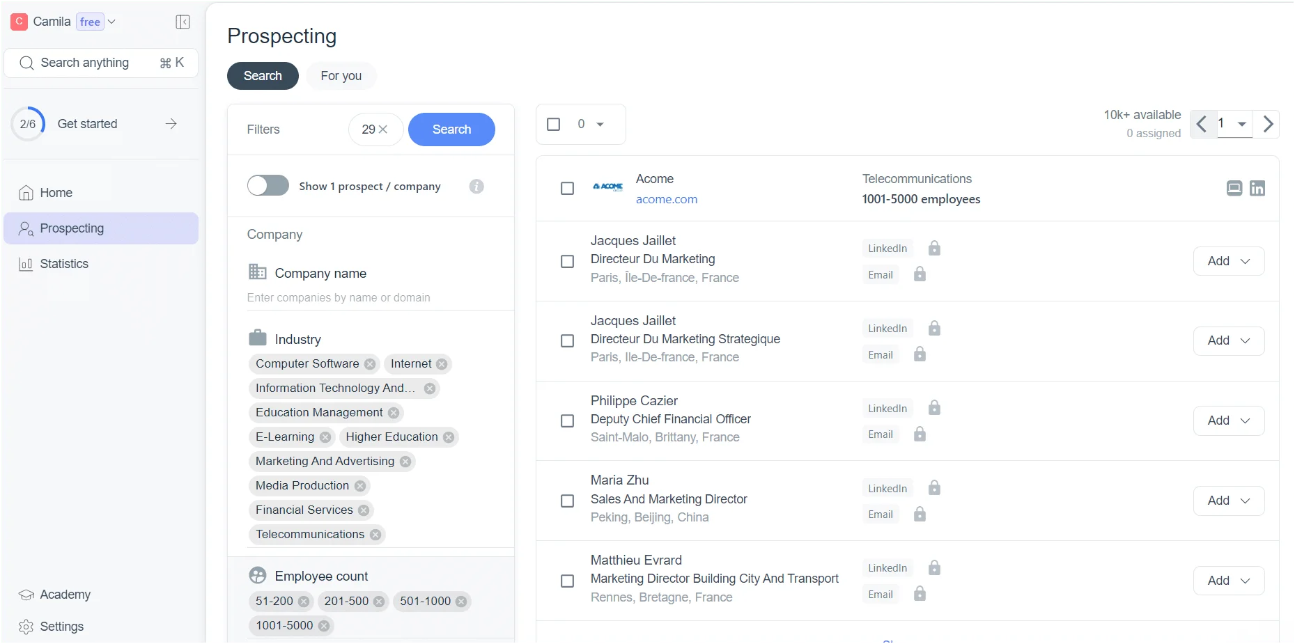 Interface prospection Camila CRM