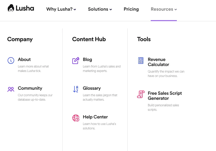 Page web Lusha avec des sections "Company", "Content Hub" et "Tools". Textes: About, Community, Blog, Glossary, Help Center, Revenue Calculator, Free Sales Script Generator. Navigation en haut: Why Lusha?, Solutions, Pricing, Resources. Contexte: Plateforme d'outils de marketing et de vente.