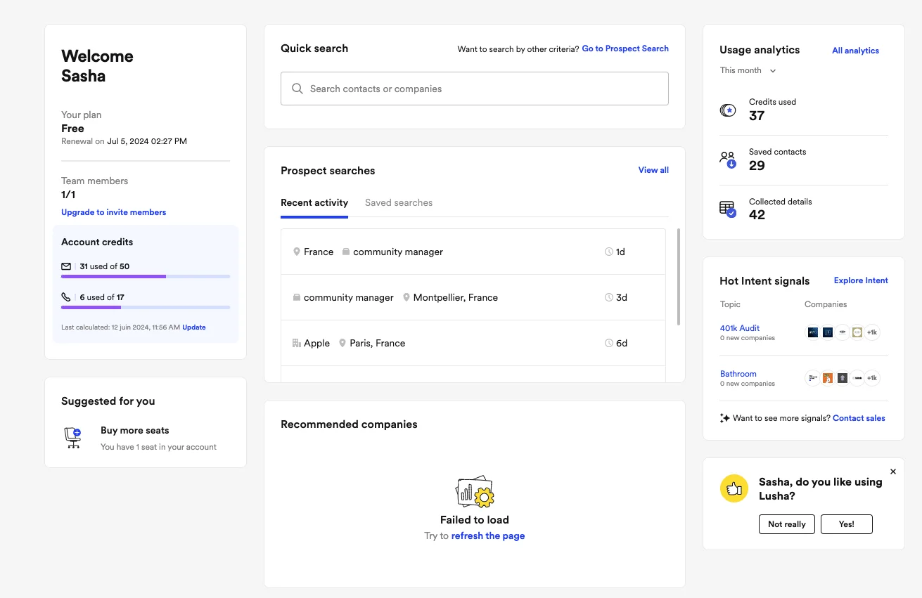 Page d'interface utilisateur avec des sections pour accès, recherche rapide, activités récentes, analyses et notifications.