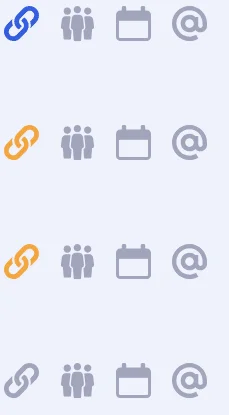 Icônes variées : lien, personnes, calendrier, adresse e-mail.