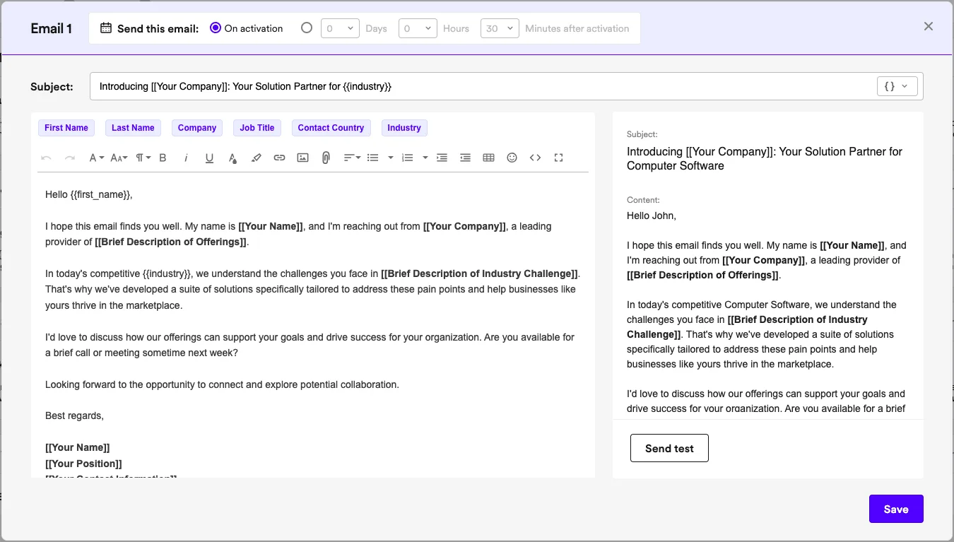 Interface d'envoi d'email avec champ de sujet, texte et boutons pour envoyer ou enregistrer.