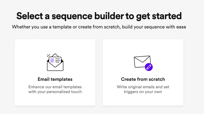 Page web présentant deux options pour créer des séquences d'e-mails : utiliser des modèles ou les créer à partir de zéro.