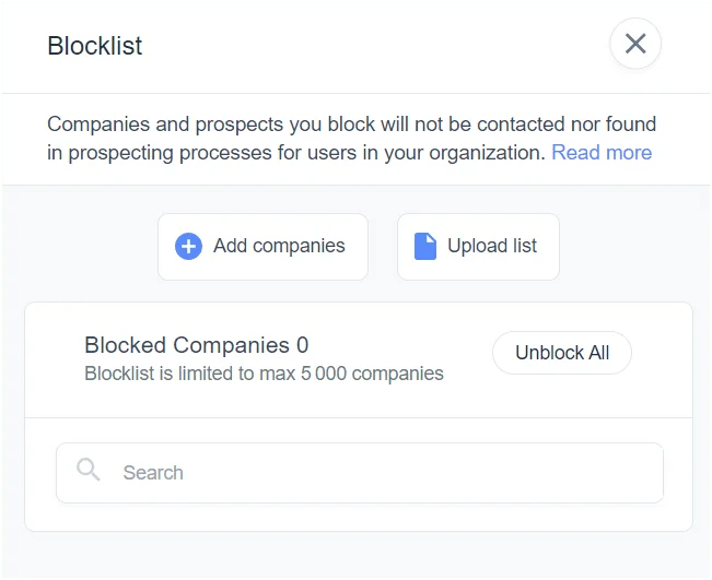 Interface liste bloquée entreprises Waalaxy