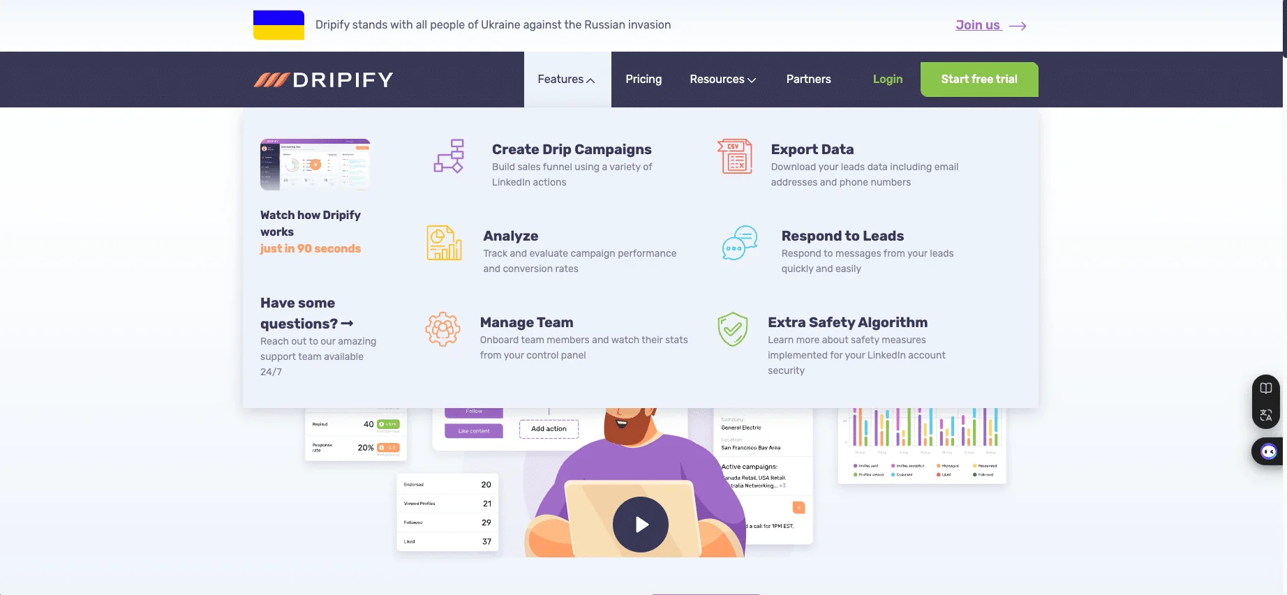 Waalaxy VS Dripify : Les fonctionnalités Dripify, mises en avant sur leur site.