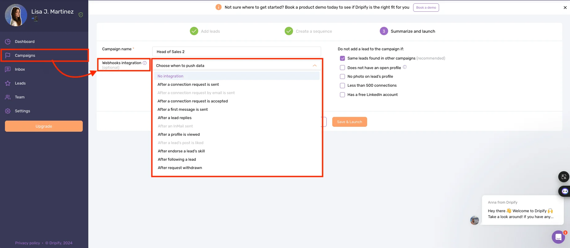 Waalaxy VS Dripify : Integration of Dripify to a third-party tool.