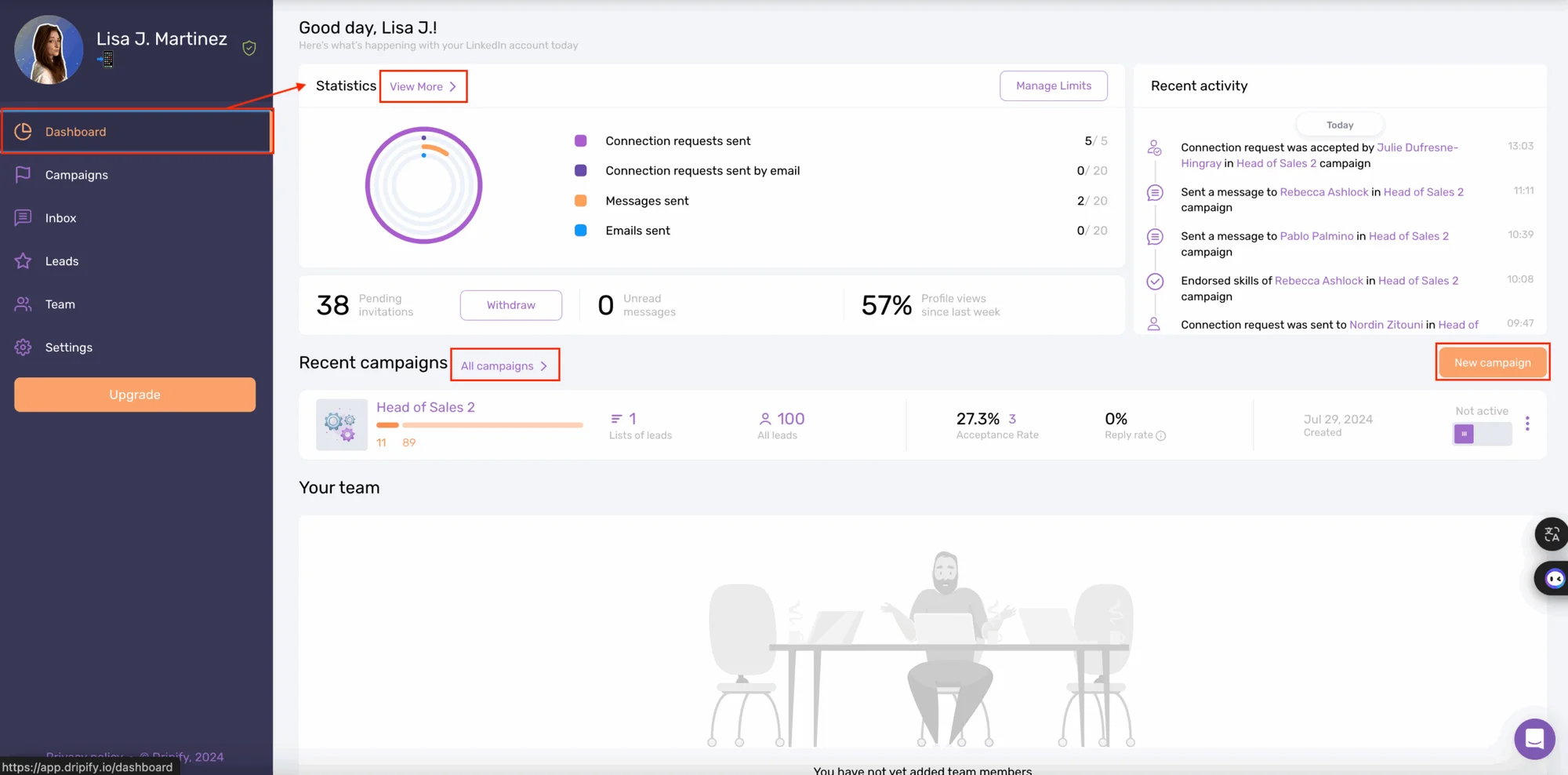 Waalaxy VS Dripify : Access statistics and results of campaigns on Dripify.