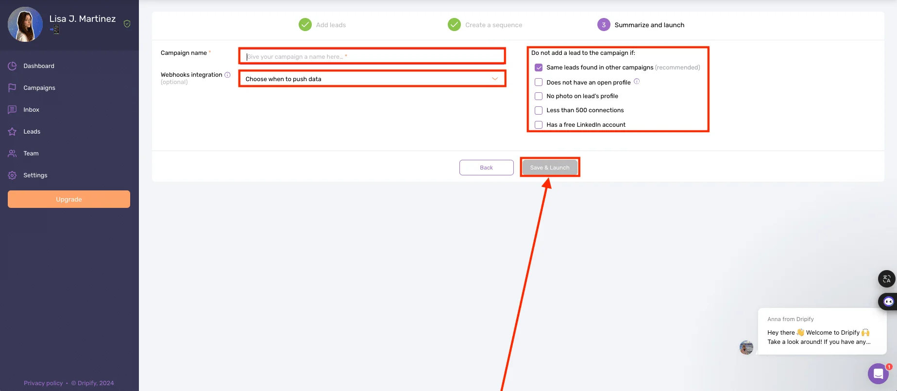 Waalaxy VS Dripify : Set up and launch a campaign on Dripify.