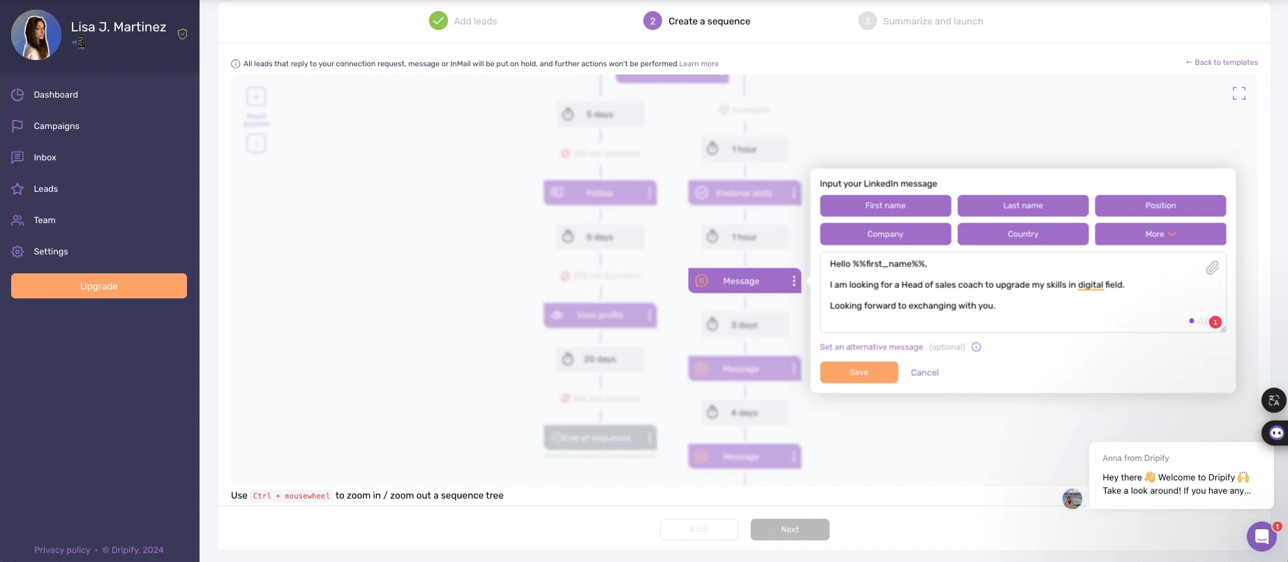 Dripify VS Waalaxy : Optimize a message on Dripify.
