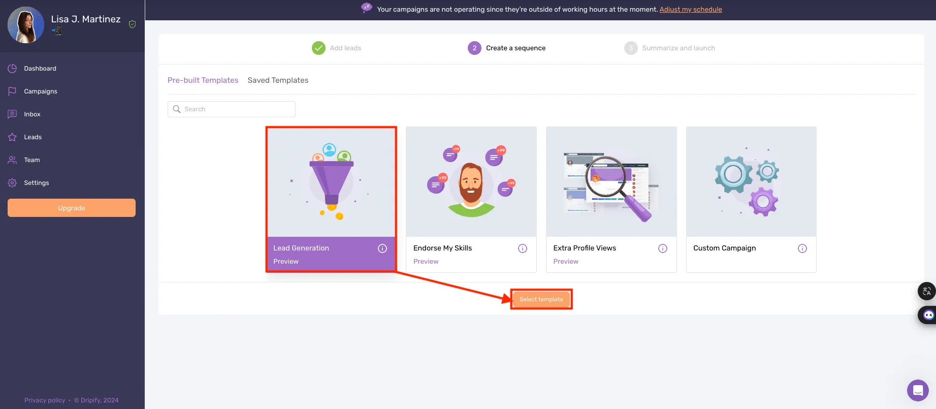 Dripify VS Waalaxy : Choice of campaign type on Dripify.