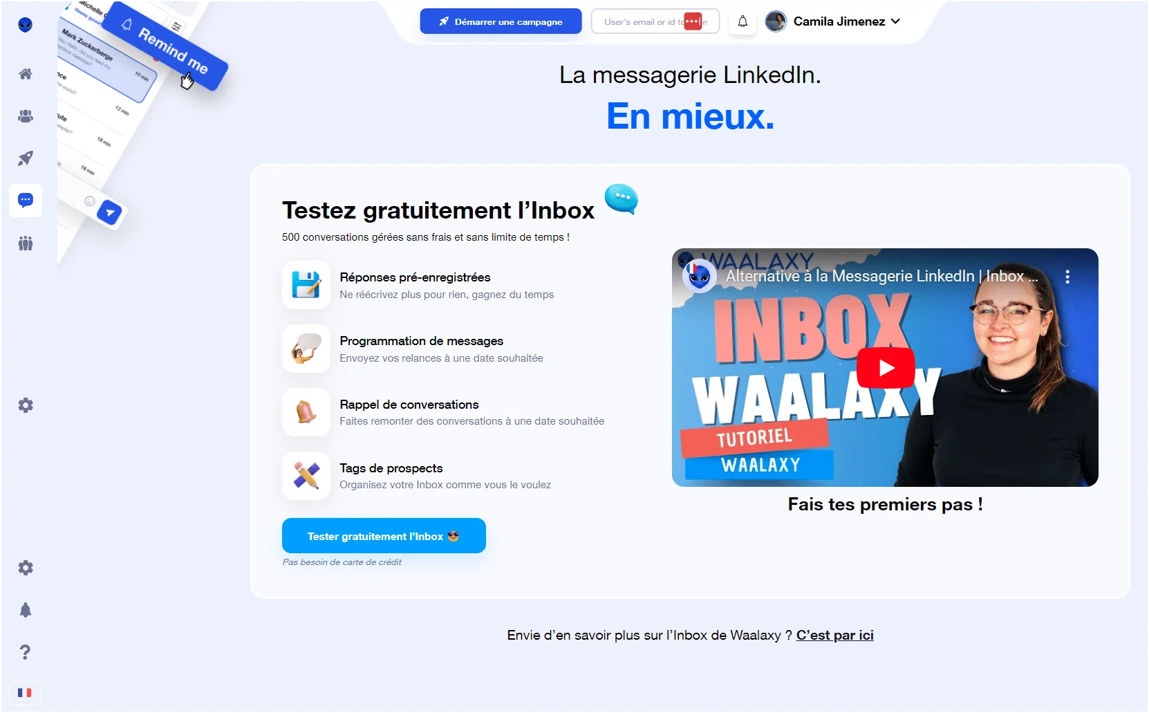 Interface messagerie LinkedIn Waalaxy