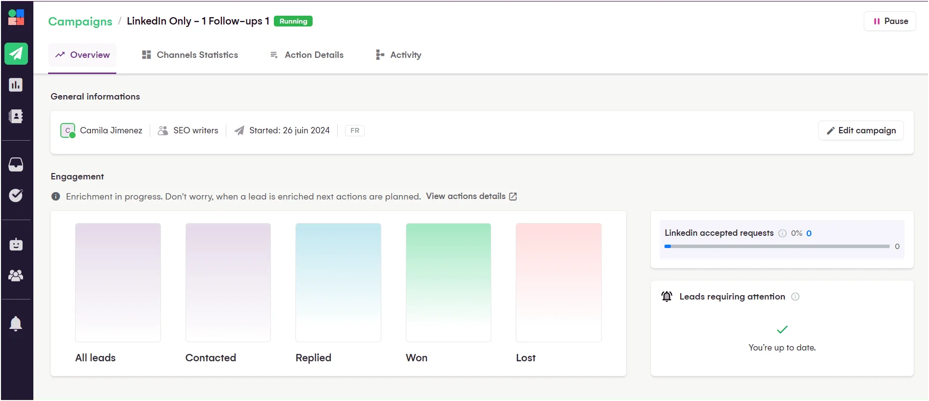 LinkedIn campaign analysis interface, colorful graphs, current statistics, Camila Jimenez.