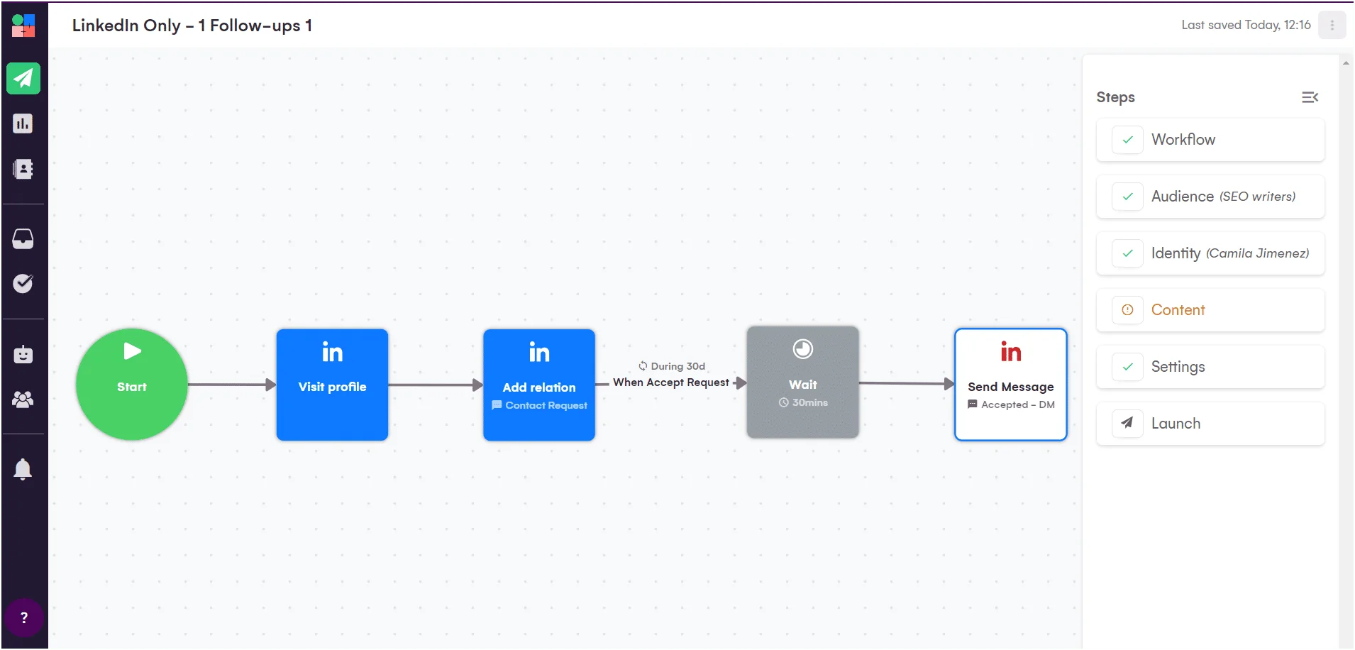 Interface de flux de travail LinkedIn avec des étapes pour promouvoir un profil et envoyer des messages.