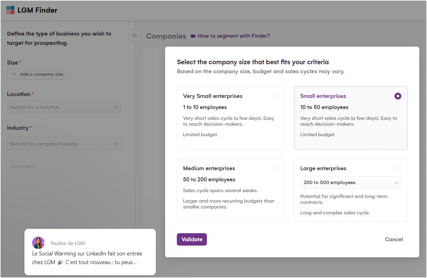 Interface d'outil de recherche d'entreprise avec filtre par taille et secteur, fenêtre modale pour sélectionner la taille des entreprises, texte en français.