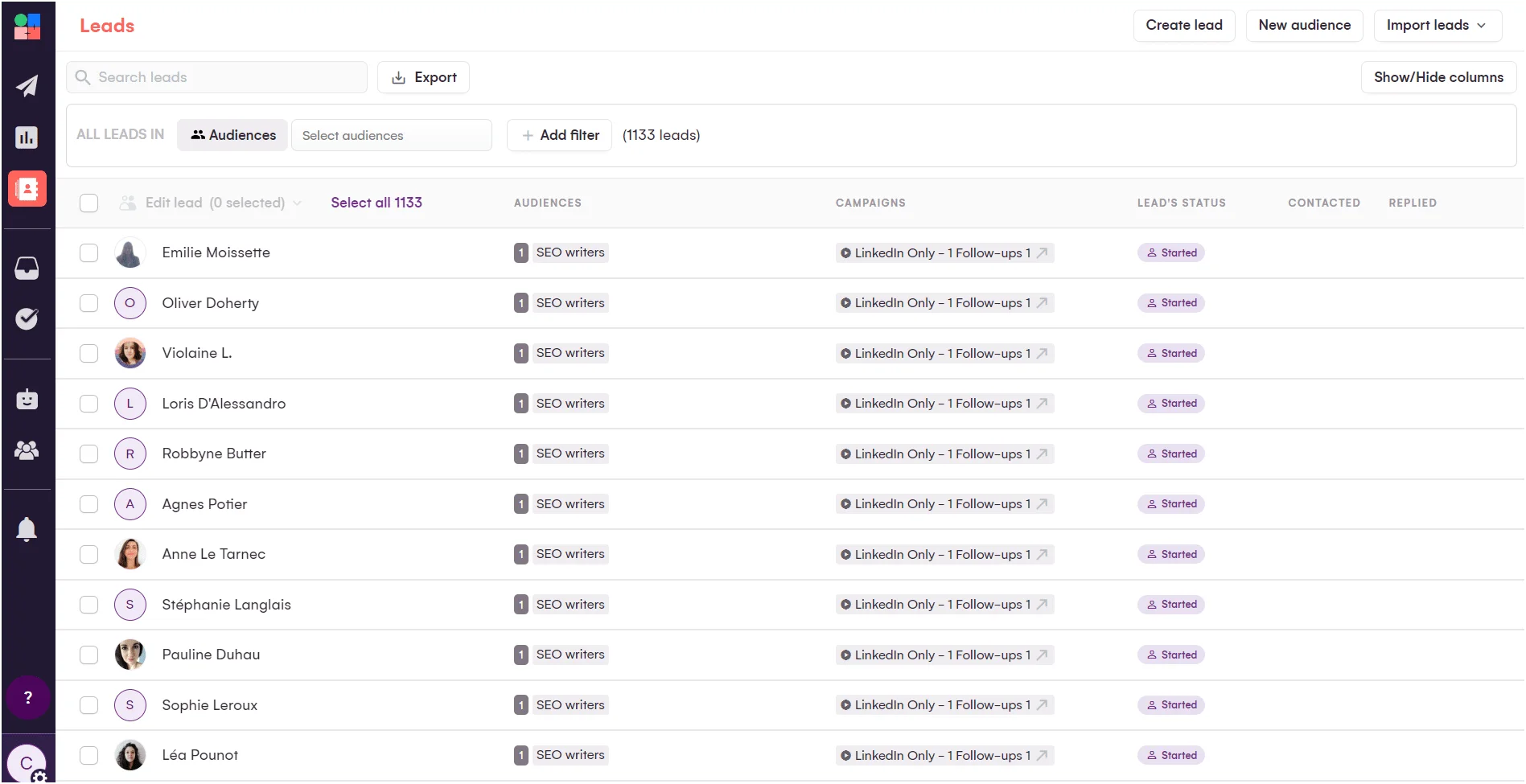 Contact export web page with list of names, categories, and associated actions.