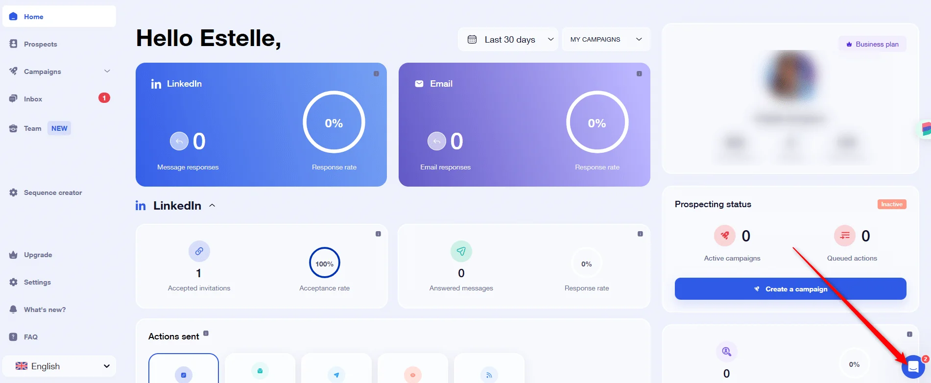 Page d'interface utilisateur avec des statistiques de campagnes, texte "Hello Estelle," bouton bleu "Create a campaign."