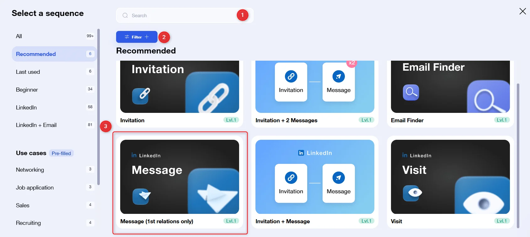 Image d'une interface web présentant des options de séquence pour l'envoi d'un message sur LinkedIn. Des icônes et des textes sont visibles, notamment "Invitation" et "Message". Une option spécifique est mise en évidence avec un encadrement rouge. Contexte : plateforme de gestion de relations professionnelles.