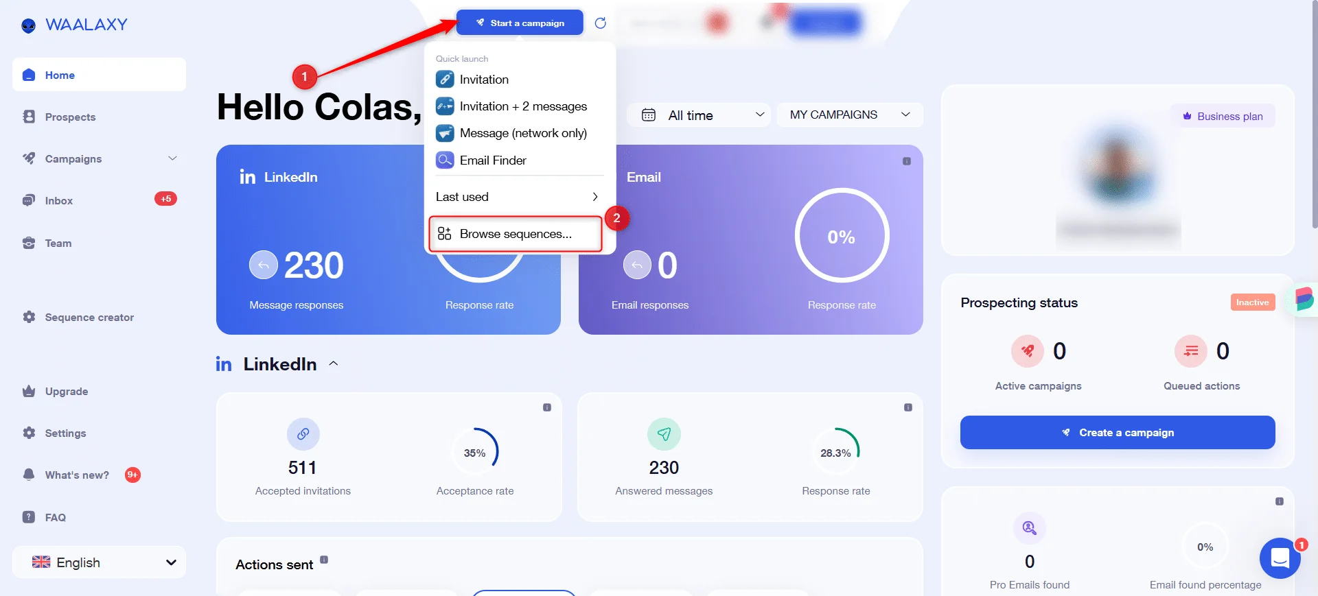 Page d'interface utilisateur avec des statistiques de marketing, lien "Start campaign" en rouge, profil de LinkedIn, statut de prospection et bouton "Create a campaign".