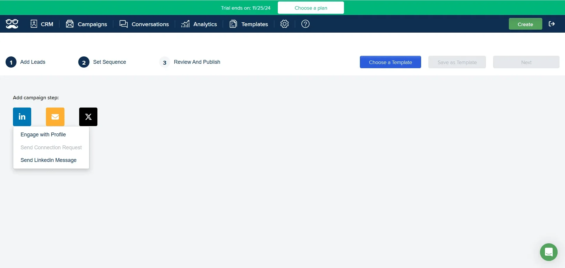 Interface d'interface utilisateur avec des options pour créer un profil LinkedIn.