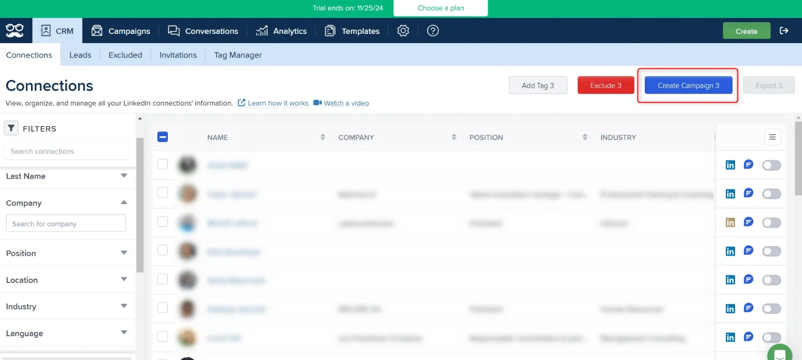 Page web de gestion des connexions sur LinkedIn, filtre "Connections", bouton "Create Campaign" en haut à droite.