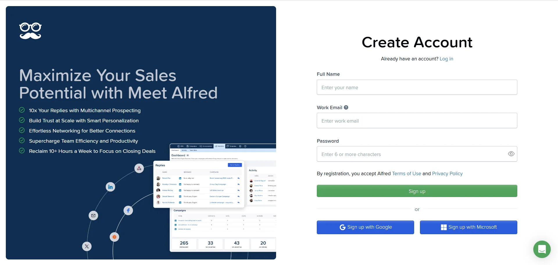 Page de création d'un compte pour Alfred, plateforme de vente en ligne. Texte: "Maximize Your Sales Potential with Meet Alfred". Formes: graphiques, diagrammes, tableau. Contexte: inscription et connexion.