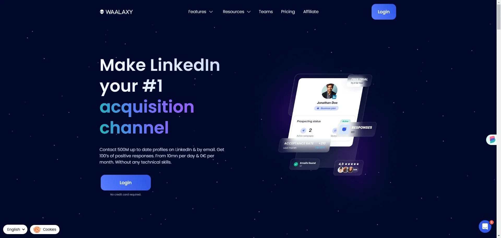 Page web de Waalaxy, promotion d'acquisition sur LinkedIn, image de profil, boutons "Login" et "Sign Up".