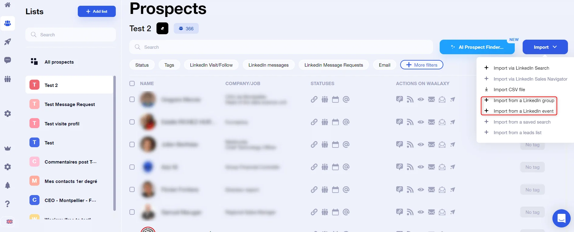 Interface prospects Waalaxy import LinkedIn