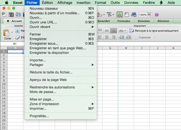 Menu fichier Excel Mac