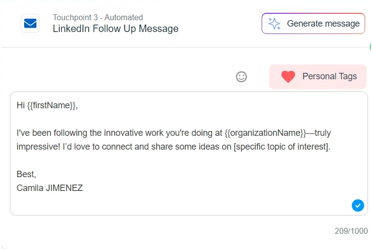 Message LinkedIn automatisé pour Camila Jimenez, saluant travail innovant à {{organizationName}}.