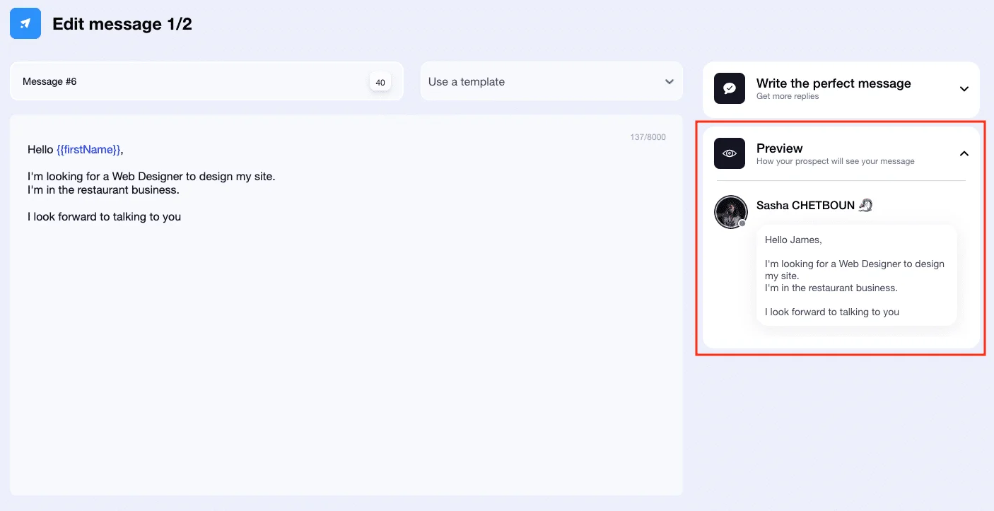 Message previews on Waalaxy