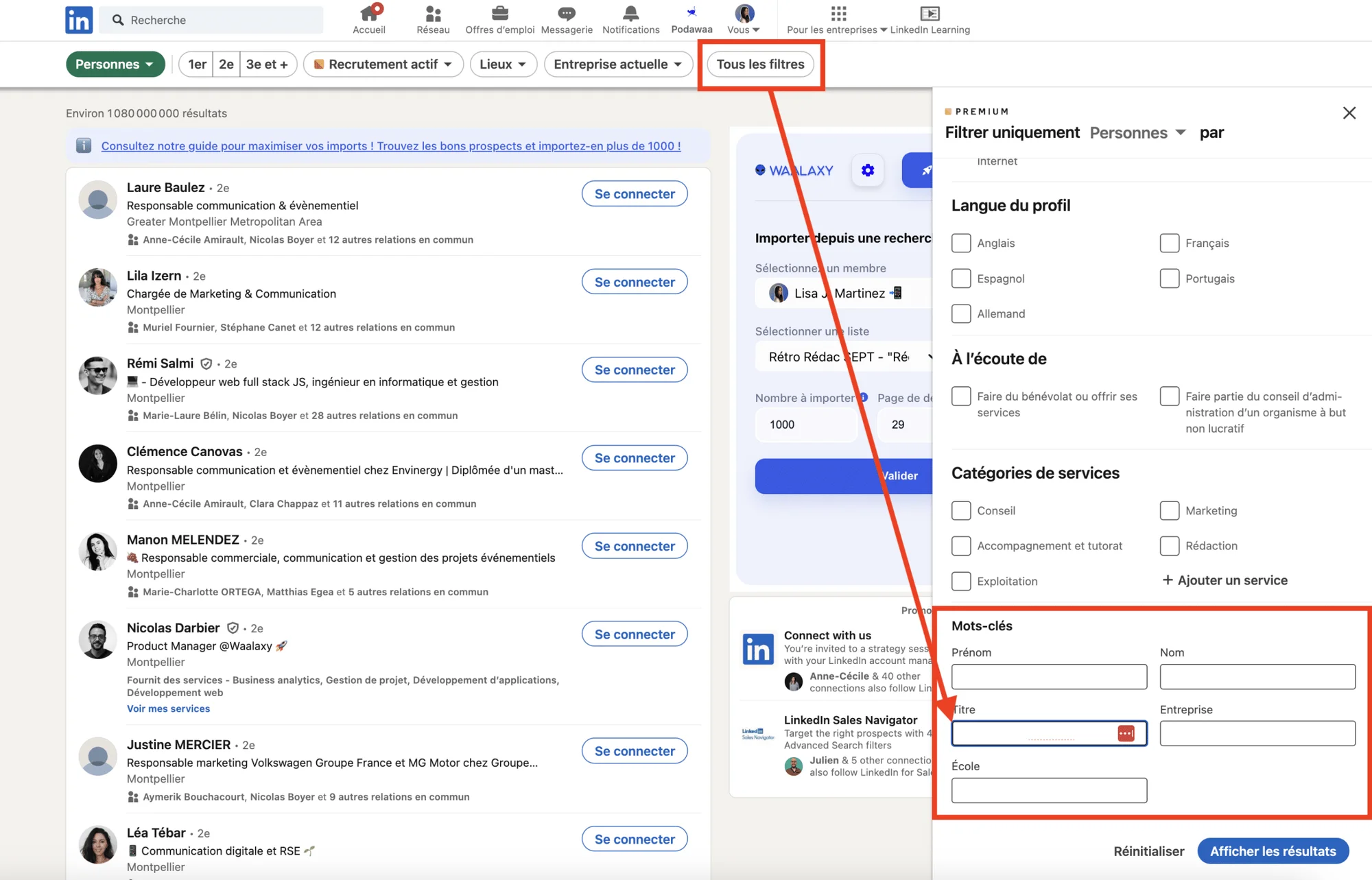 Outil gratuit LinkedIn : recherche LinkedIn avec waalaxy