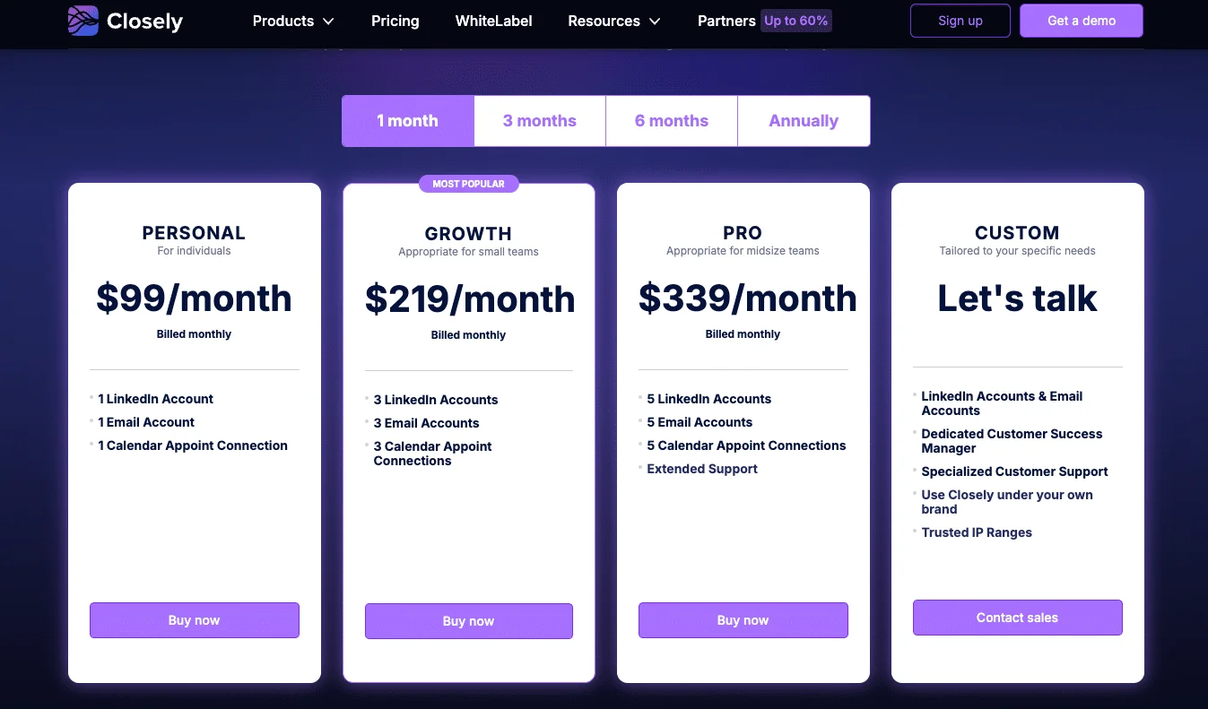 Planche tarifaire avec options "Personnel", "Croissance" et "Pro". Prix respectifs: $99/mois, $219/mois, $339/mois. Texte en blanc sur fond violet. "Let's talk" pour option personnalisée.