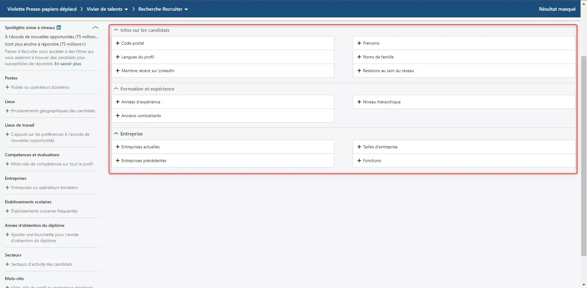 Filtres recherche candidats LinkedIn Recruiter