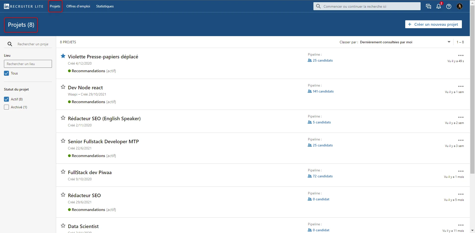 Projets de Recruiter Lite