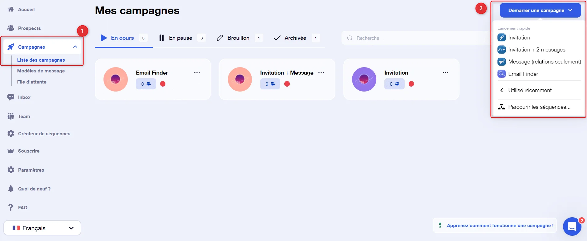 Launch your first Waalaxy campaign via the campaign tab