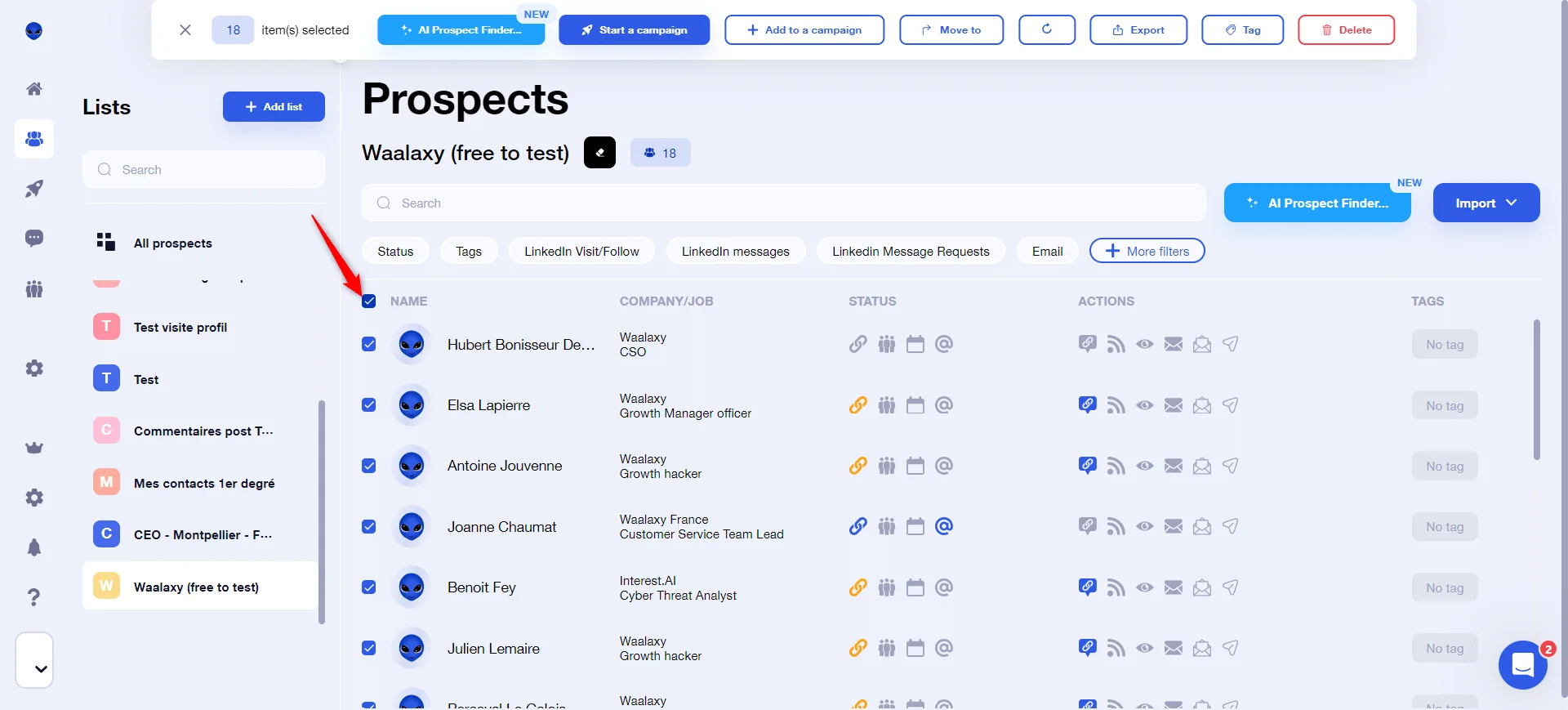 Launch your first Waalaxy campaign via your prospect list