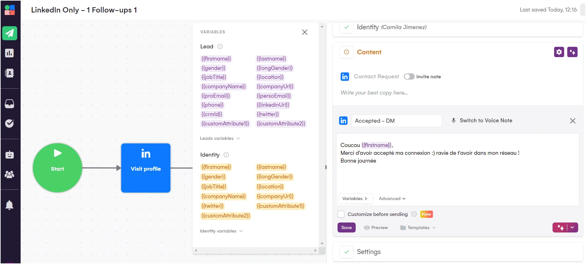 LinkedIn automation interface with task flows and message templates.