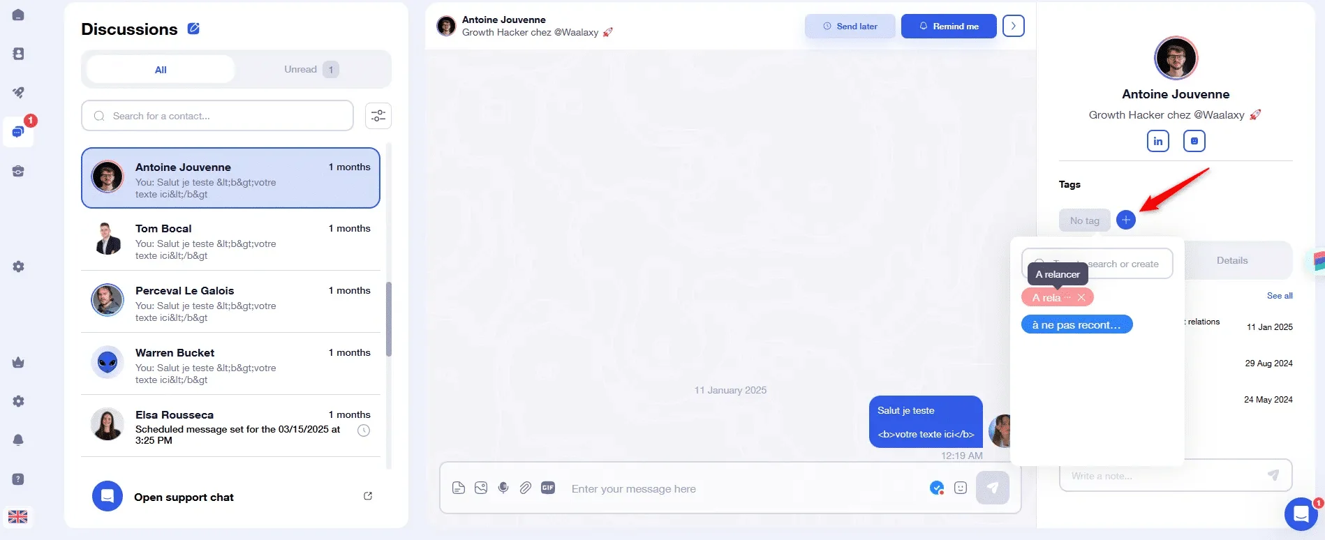 Chat application interface, messages, tags, user profile.