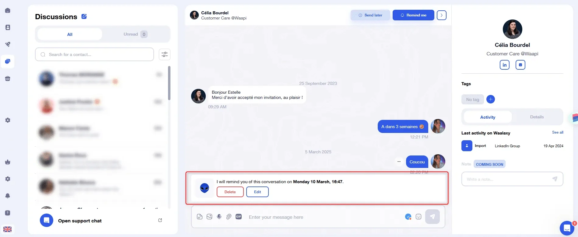 Online support interface with messages and user information.