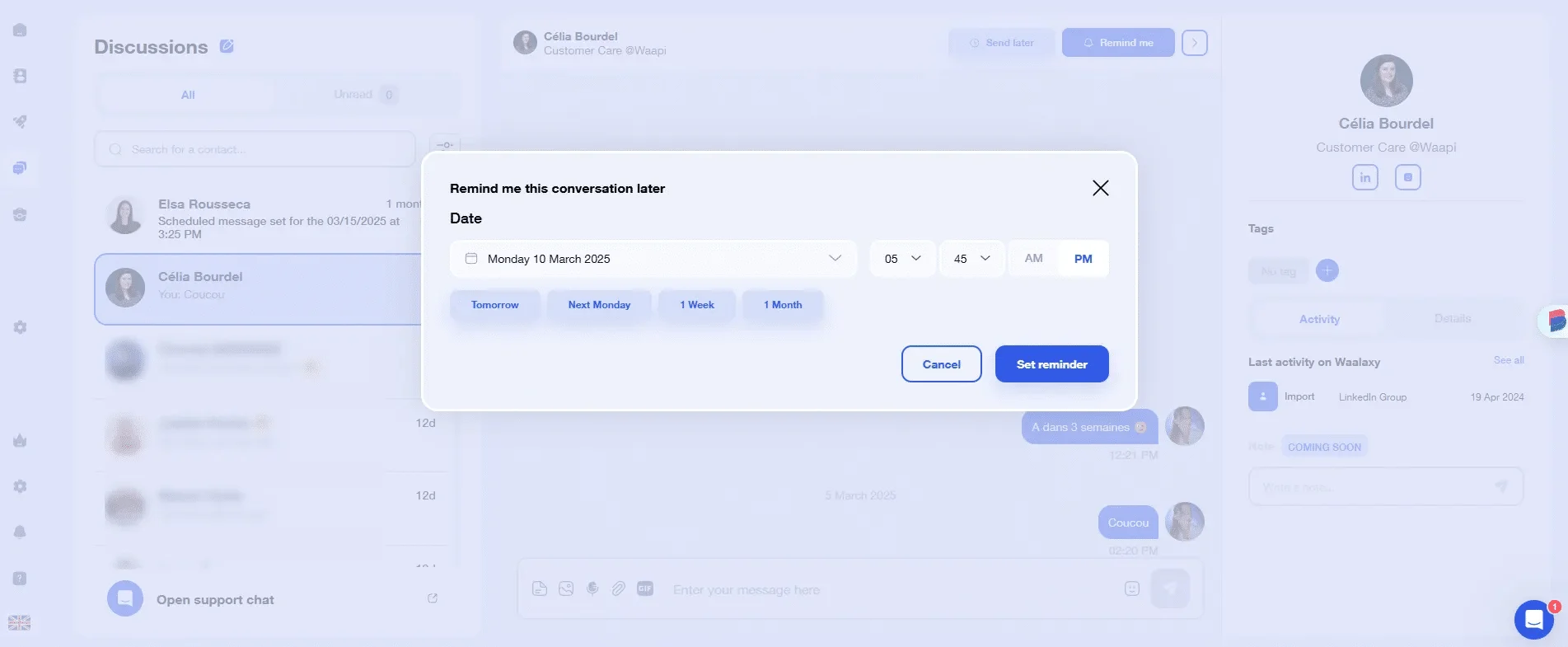 Web application interface showing a calendar to recall future conversations.